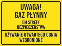 Znak Uwaga! Gaz płynny 5m strefy bezpieczeństwa grawer piktogram 20x15cm