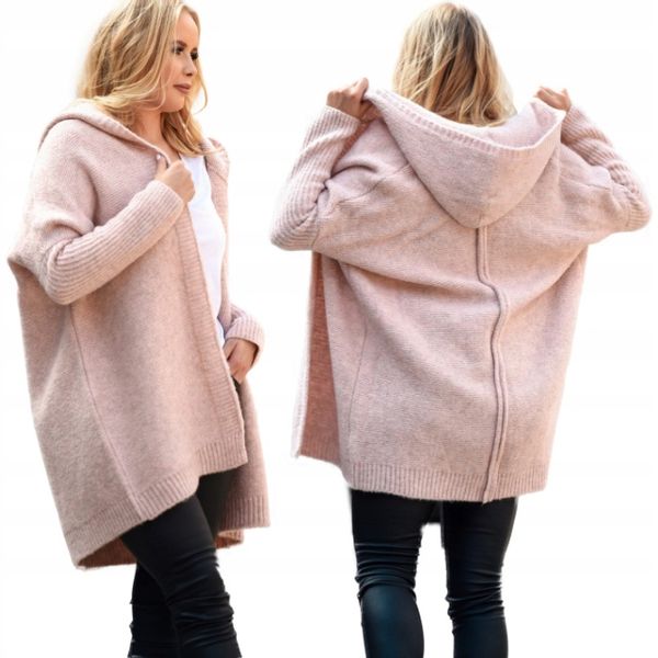 F618 Gruby KARDIGAN oversize KAPTUR, gładki zdjęcie 1