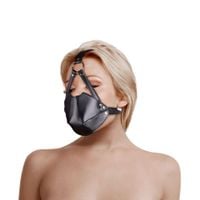 head harness with mouth cover and solid ball gag   black
