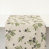 Bieżnik 160cm lniany czarne oliwki na szarym tle