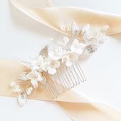 EFEKTOWNY srebrny grzebyk ozdoba ślubna kwiatki perełki listki prezent