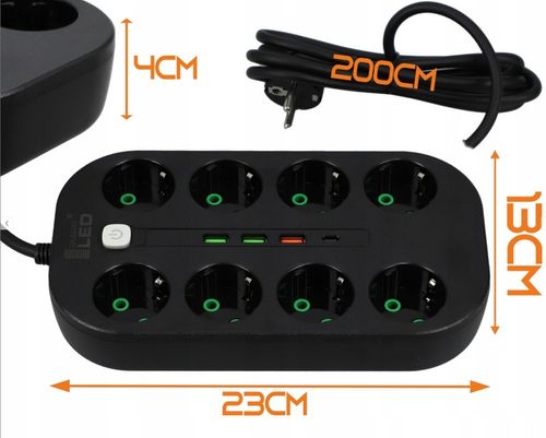 Przedłużacz listwa zasilająca 2 metry 8 gniazd + ładowarka USB + USB-C na Arena.pl