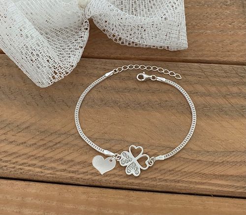 Bransoletka srebrna Koniczynka z cyrkoniami serce na prezent grawer na Arena.pl