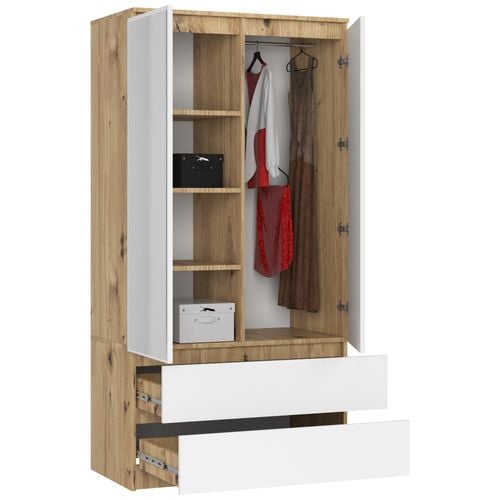 Szafa S 90 cm 2 drzwi 2 szuflady 2 lustra - dąb artisan-biała na Arena.pl