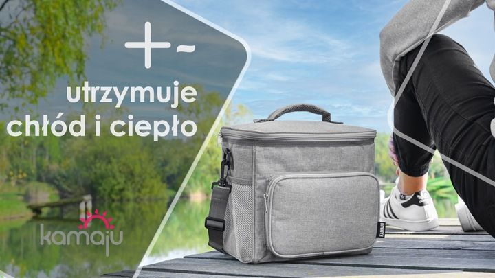 SOLIDNA TORBA TERMICZNA NA LUNCH PIKNIK 2 KOMORY + KIESZENIE PASEK SZARA zdjęcie 8