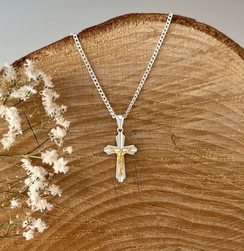 Komplet komunijny łańcuszek z krzyżem srebro 925 pozłacany wizerunek 45 cm na Arena.pl