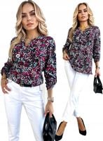 BLUZKA DAMSKA luźna elegancka miękka dzianina dekolt guziki kwiaty