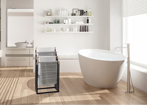 Stojak łazienkowy wieszak na ręczniki czarny stojący do łazienki bambus na Arena.pl