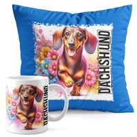 ZESTAW KUBEK + PODUSZKA NIEBIESKA - PIES RASA JAMNIK DACHSHUND HOT DOG