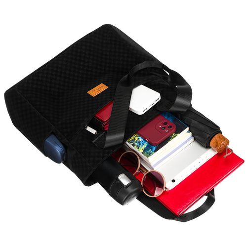 czarny shopper damski z poliestru pokrytego geometrycznym wzorem - rovicky na Arena.pl