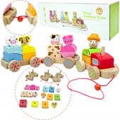 DREWNIANY POCIĄG Z KLOCKAMI WIEJSKA SCENERIA TRAKTOR FARMER ZWIERZĘTA