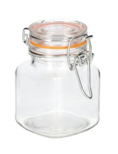 Pojemnik szklany hermetyczny słoik kwadratowy EDO 100 ml pokrywka szklana metalowa klamra klips pomarańczowa uszczelka