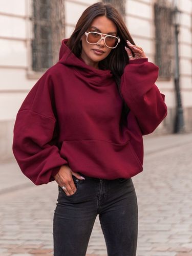 Bawełniana dresowa damska bluza z kapturem na stójce oversize bordowa na Arena.pl