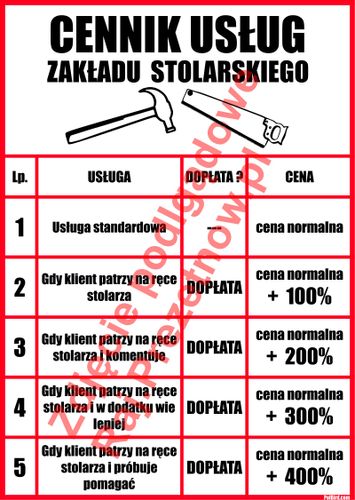ŚMIESZNY ZABAWNY ŻARTOBLIWY CENNIK ZAKŁADU STOLARSKIEGO - prezent na Arena.pl