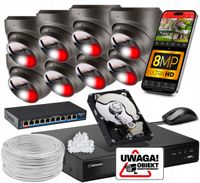 Zestaw MONITORINGU 8 kamer POE 4K Ultra HD 8Mpx Szare DETEKCJA 1TB + switch