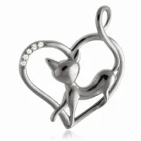 Rodowany srebrny wisior wisiorek serce serduszko kotek cat białe cyrkonie