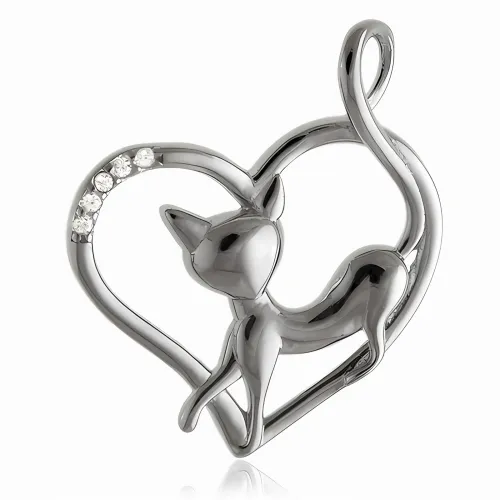 Rodowany srebrny wisior wisiorek serce serduszko kotek cat białe cyrkonie na Arena.pl