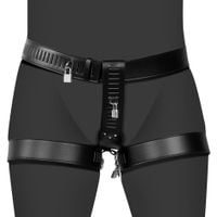 pu leather female chastity belt with leg restraint - black