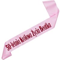 50-letnia królowa życia + imię - jasnoróżowa szarfa z fuksjowym nadrukiem