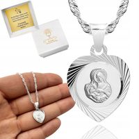 ŁAŃCUSZEK Srebrny MEDALIK Komunijny SERCE Matka Boska do Komunii 45 cm