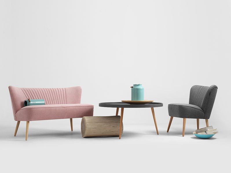 Sofa 2 osobowa HARRY - różowa beza, naturalny, design retro do salonu zdjęcie 4