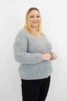 Szary Ciepły Sweter Damski z Dekoltem V UNI