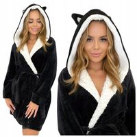 Szlafrok Damski Ciepły Miękki Gruby z Kapturem Uroczy Polarowy Czarny XXL