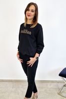 Czarna Bluza Megi z Napisem i Rękawem 3/4 S/M