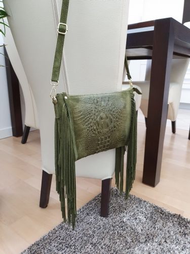 VERA PELLE torebka zamszowa listonoszka boho z frędzlami V001 oliwkowa na Arena.pl