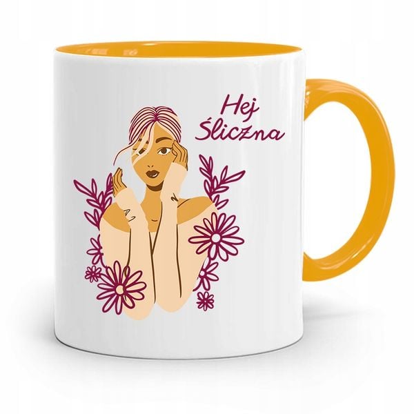 Kubek Żółty Prezent Dla Dziewczyny Hej Śliczna Z Nadrukiem Ze Zdjęciem zdjęcie 1