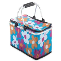 Kosz piknikowy niebieski w kwiaty składany turystyczny koszyk