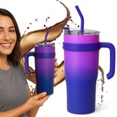 Kubek termiczny ze słomką z uchwytem na kawę herbatę 1200ml fioletowy