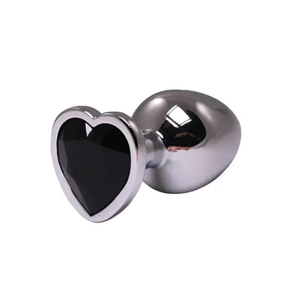 Silver Medium Heart-Shaped Butt Plug With Black Crystal zdjęcie 1