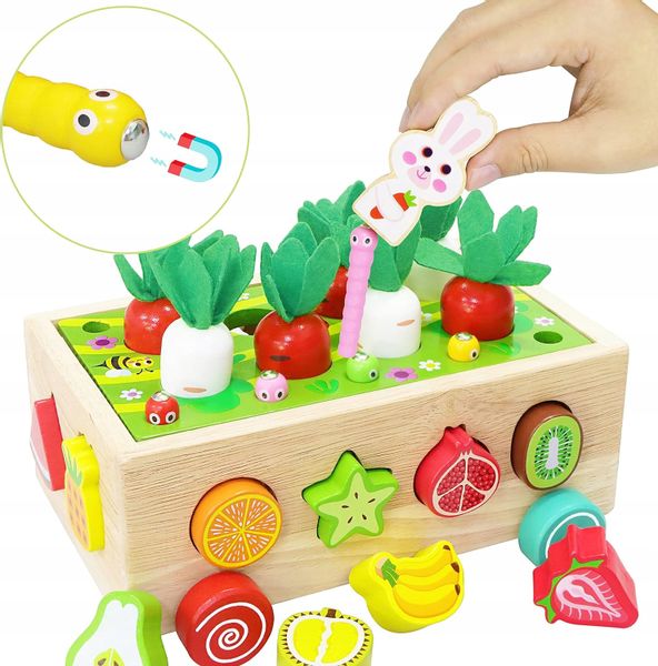 Układanka Montessori Sorter Klocków Złap Robaczka Drewniany Wózek Marchewki zdjęcie 13