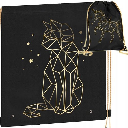 TORNISTER SZKOLNY PLECAK DLA DZIEWCZYNKI KOTEK CZARNY ZŁOTY WOREK PIÓRNIK na Arena.pl