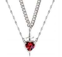 MD elegancki damski naszyjnik CZERWONE SERCE serduszko MIECZ | 2w1