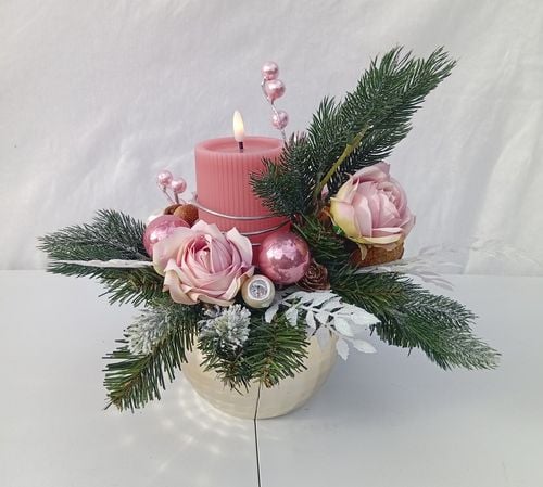 Stroik świąteczny z różową świecą LED w lustrznej doniczce 43×41×34 cm na Arena.pl