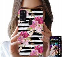 ETUI DO SAMSUNG GALAXY A21s - KWIATKI W CZARNO - BIAŁE PASKI WZORY