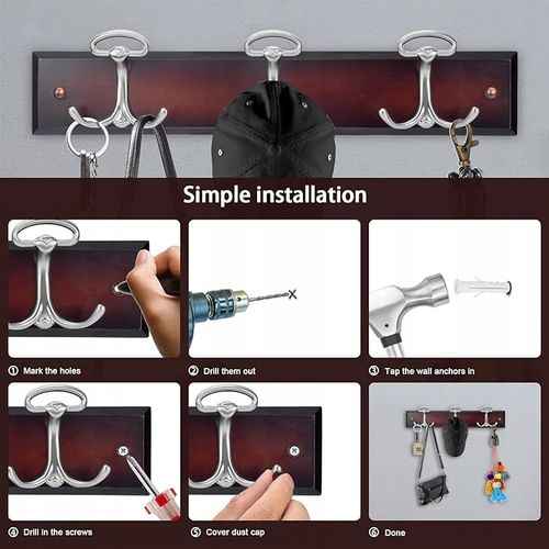 BOBLIUE Wieszak do montażu na ścianie z 6 srebrnymi haczykami orzech na Arena.pl