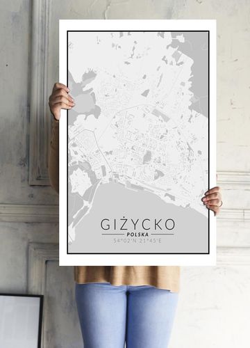 Giżycko mapa czarno biała - plakat 50x70 cm na Arena.pl