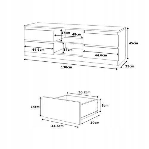 Szafka RTV 138cm Stolik pod TV Komoda stojąca 4 szuflady ANTRACYT DĄB na Arena.pl
