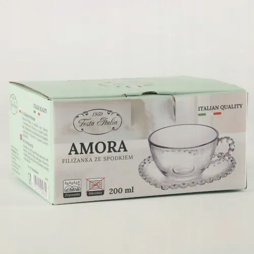 FILIŻANKA ZE SPODKIEM SZKLANA AMORA 200ML NA KAWĘ UNIWERSALNA WZÓR SERCE na Arena.pl