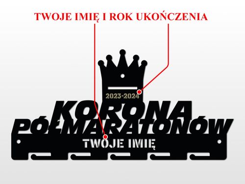 Wieszak na medale KORONA PÓŁMARATONÓW twoje imię dowolny tekst 283.3 na Arena.pl