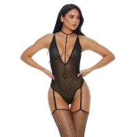 forplay sweet dot l - body z paskami do pończoch i chokerem, czarne