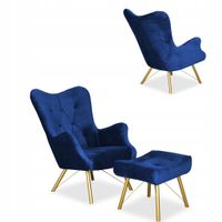 Fotel skandynawski Luna z podnóżkiem pufą guzik Family Meble granatowy