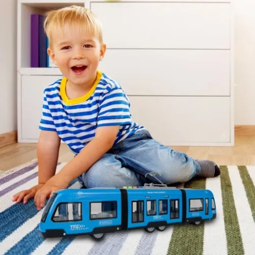 TRAMWAJ TROLEJBUS ZABAWKA NA BATERIĘ ŚWIATŁO DŹWIĘK OTWIERANE DRZWI 44CM na Arena.pl