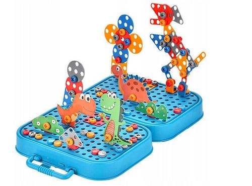 Klocki konstrukcyjne w walizce wkrętarka śrubki do skręcania dinozaur na Arena.pl