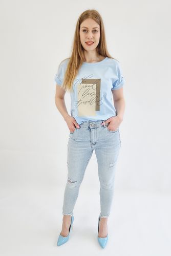 Niebieska Bluzka z Beżową Aplikacją i Napisami UNI na Arena.pl