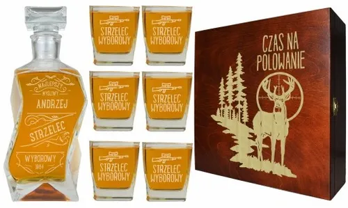 KARAFKA + 6 SZKLANEK DO WHISKY W PUDEŁKU Z GRAWEREM PREZENT DLA MYŚLIWEGO na Arena.pl