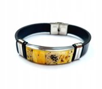 BRANSOLETA MĘSKA BURSZTYN 100 % SKÓRA STAL